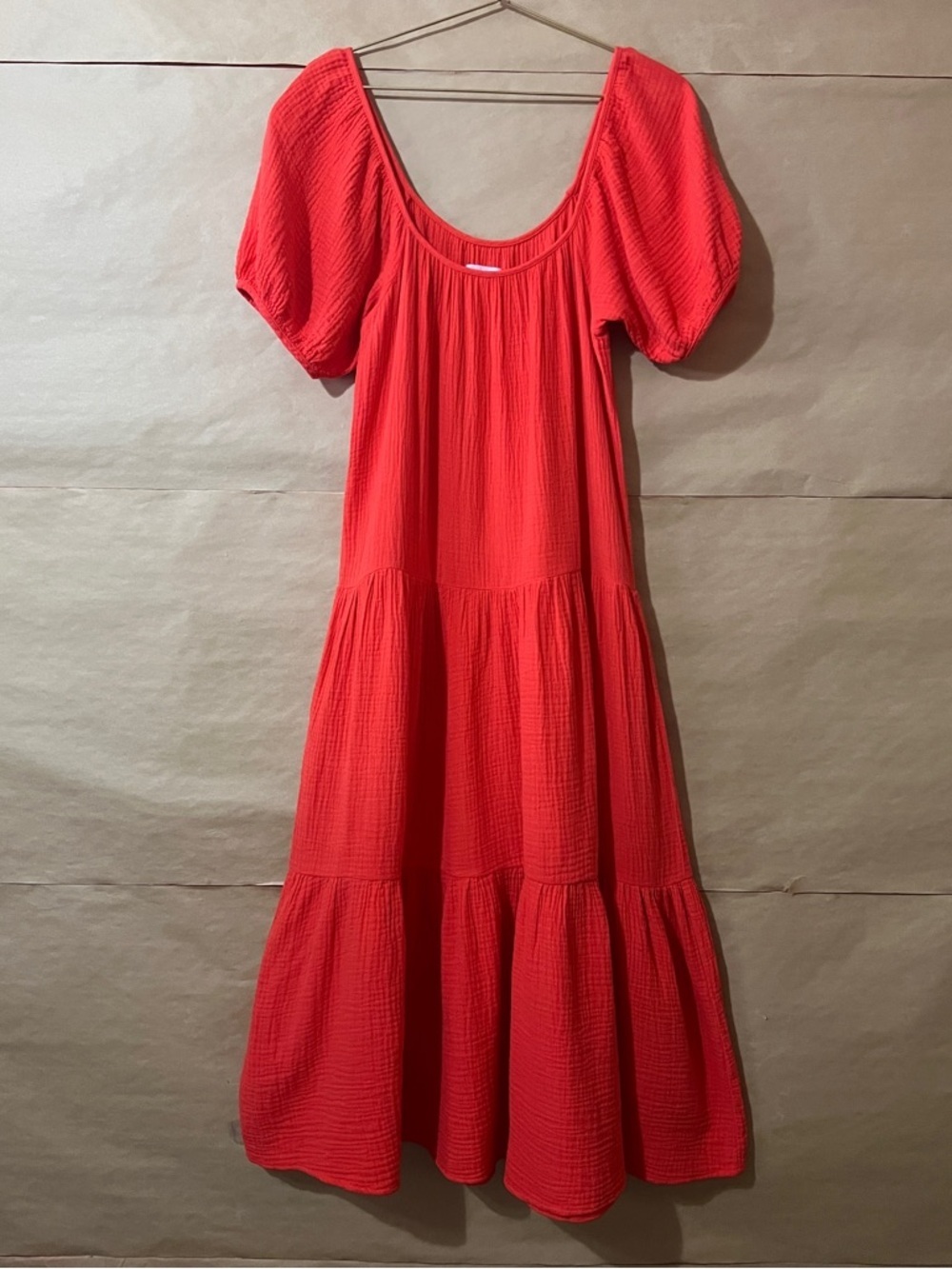 Honorine | Pamela Dress Cotton Gauze Tiered Midi Dress Puff Sleeve Red Size XS
